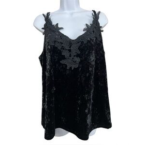 Vtg Y2K Black Velvet Cami Tank Top XL Floral Lace Fairy Whimsigoth Dark Romance‎